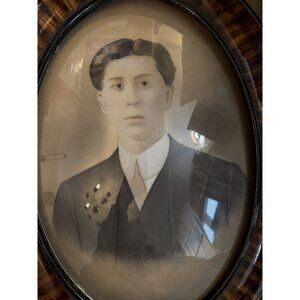 Antique Oval Bubble Glass Tiger Wood Picture Frame Young Man Portrait 25x16”